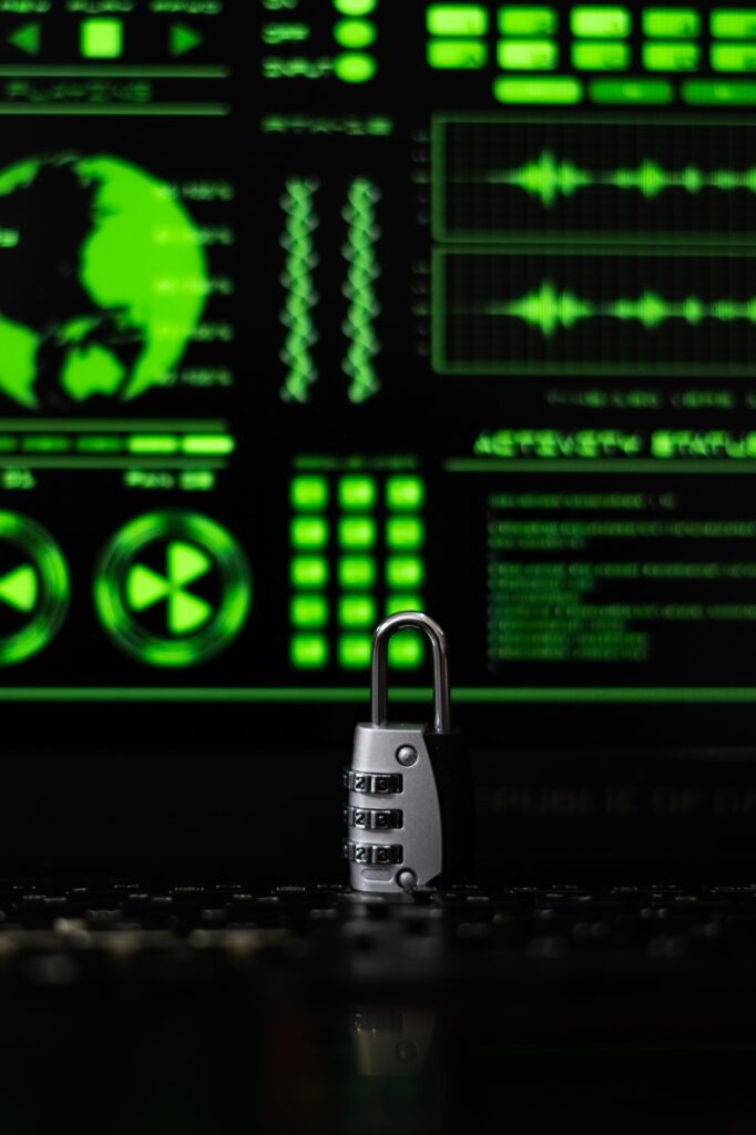 Cyber Security concept, padlock, and hacker screen